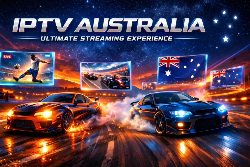 IPTV Australia banner with drifting racing cars, neon outback track, holographic TV screens showing live sports, movies, and HD streaming under starry night sky